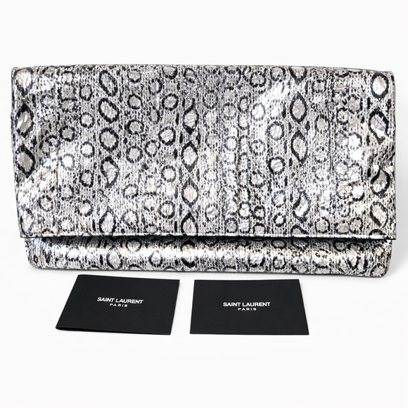 Saint Laurent Large Metallic Snake EmbossedFold Over Clutch Handbag